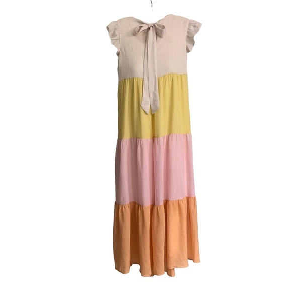 The Impeccable Pig Maxi‎ dress, pastel yellow, pink, peach, beige stripe Flowy S - Picture 2 of 9